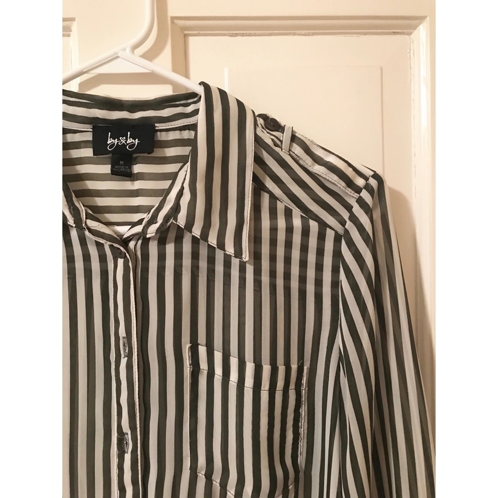 Sheer, Dark Green Striped Button Down Shirt, M
